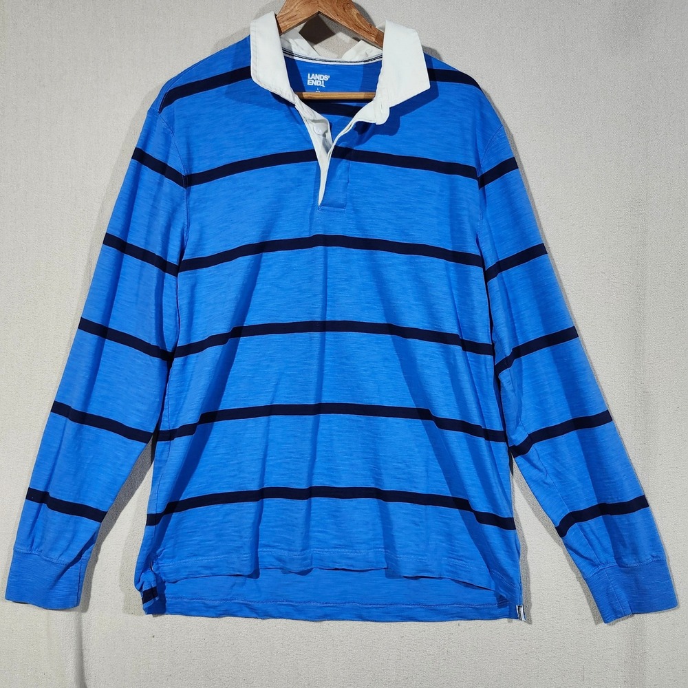 Lands End Mens Blue Striped Long Sleeve Rugby Shirt Large L Slub Cotton 548447